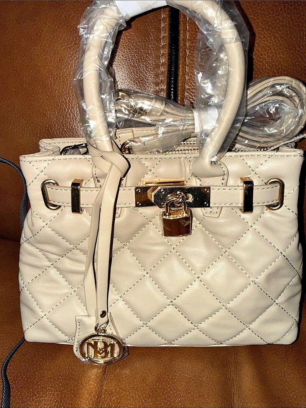 Badgley Mischka Small Vegan Leather Diamond Quilted Tote Quilted Tote in Cream N